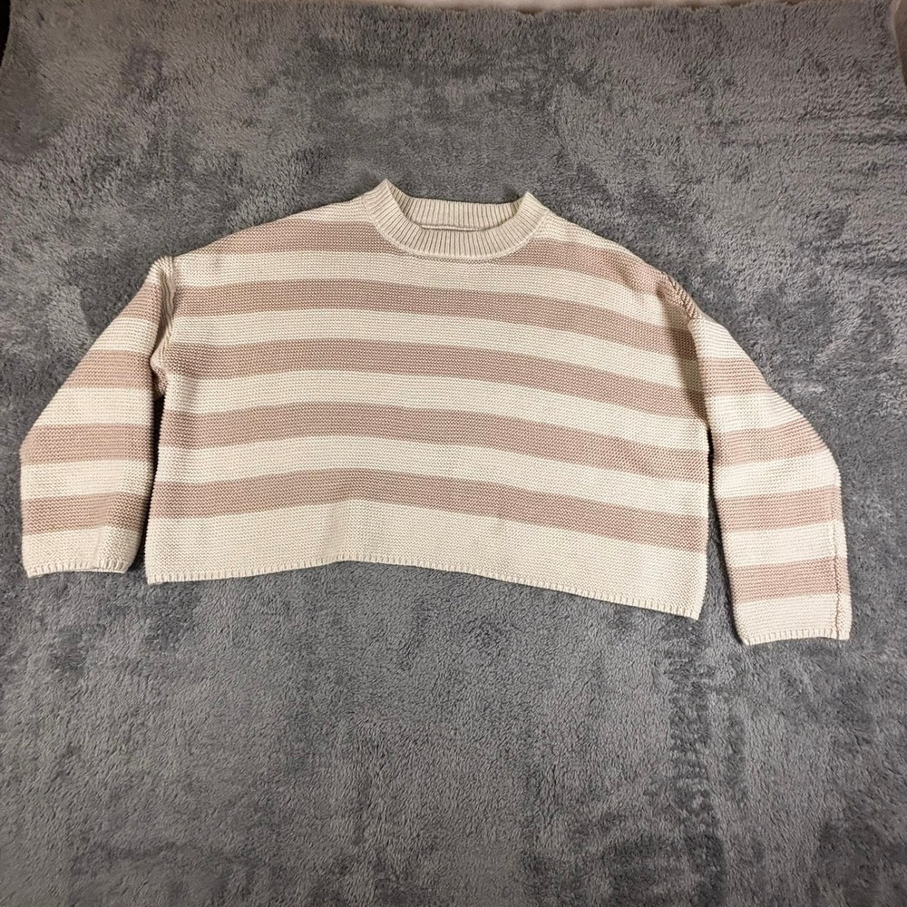Sincerely Jules Striped Knit Sweater Tan Cream Boxy Cropped Pullover ST20166 M